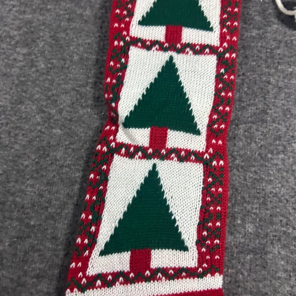 Vintage Knit Christmas Stocking Tree Red Green Yarn Crochet Pom Pom - Picture 3 of 8